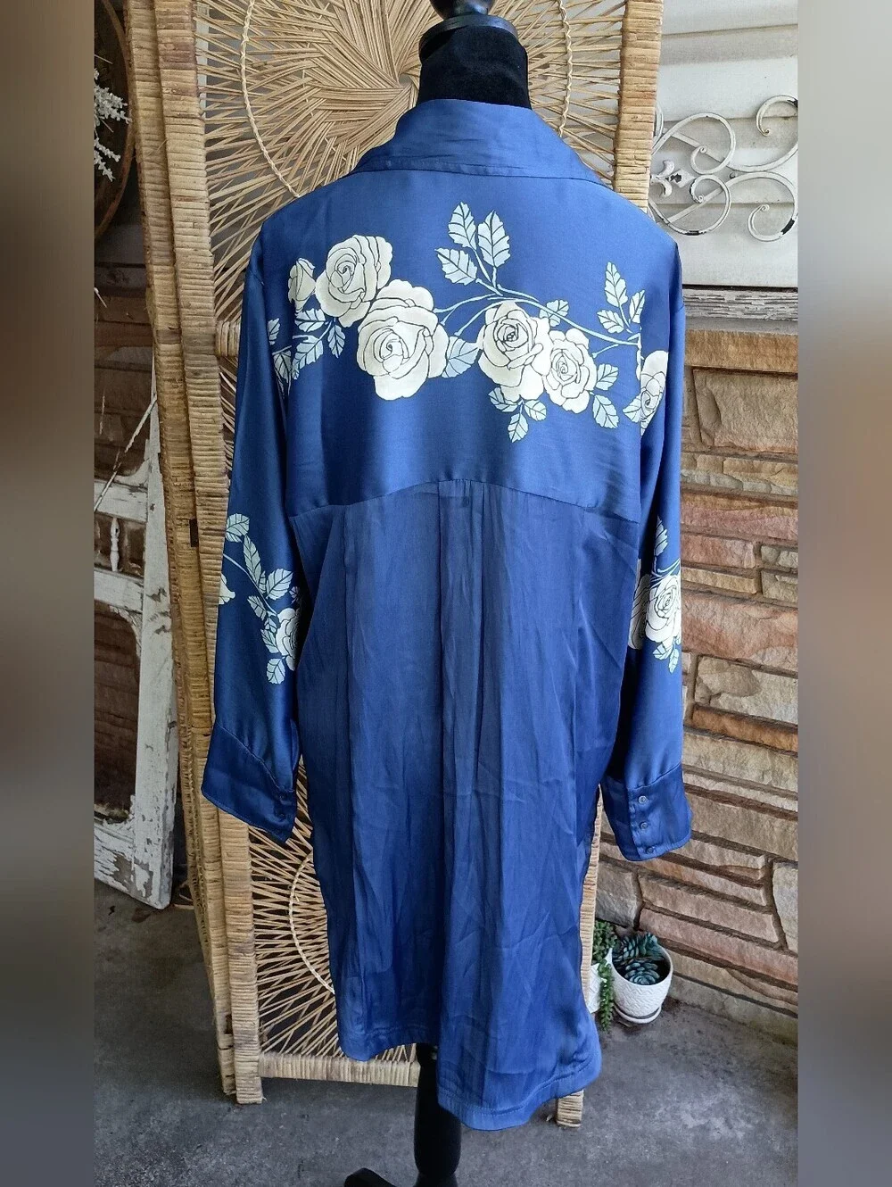 Free People Off The Vine Blue Satin Button-Up Tunic with Cream Rose Print_XS